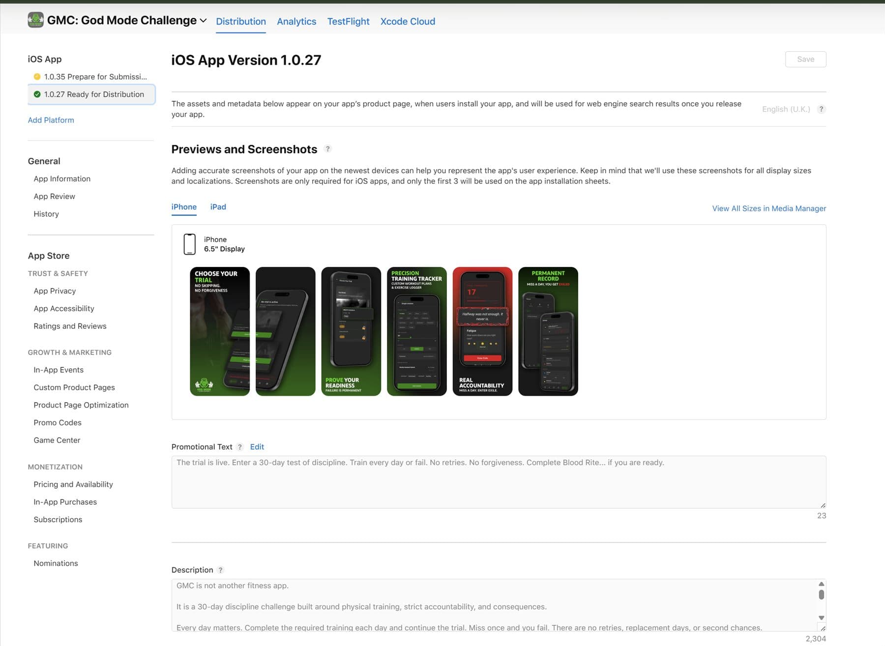 App Store Connect showing the GMC build ready for distribution